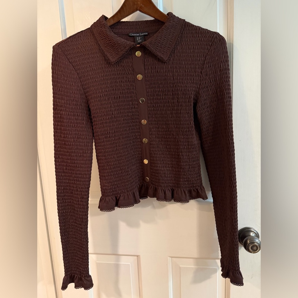 Christian Lacroix Chocolate Button-Down Smocked Ruffle Trim Shirt